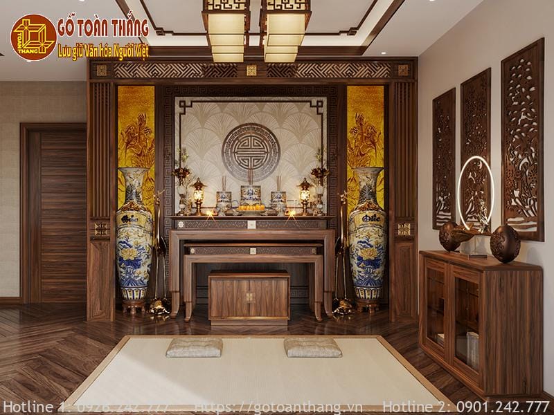 Bàn thờ gỗ Óc Chó trầm lắng phù hợp không gian thờ cúng