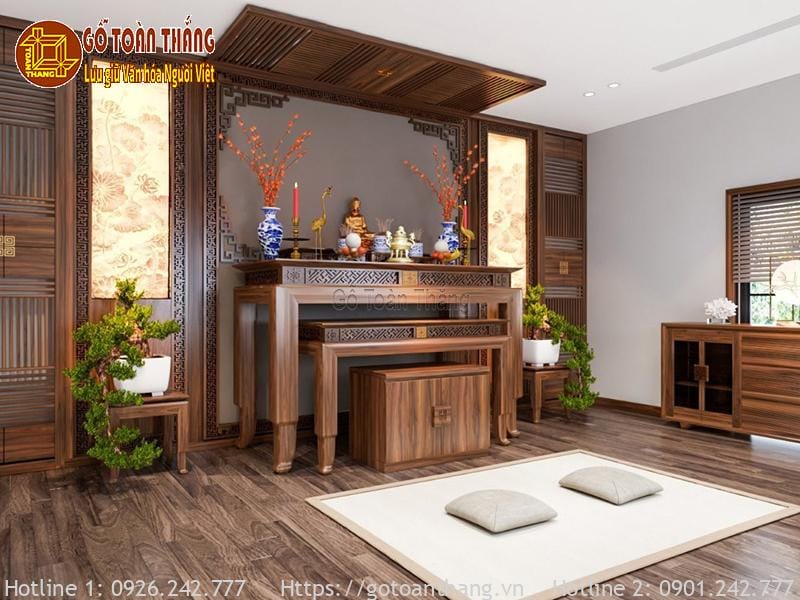 Bàn thờ gỗ Óc chó có nét đẹp cuốn hút mạnh mẽ